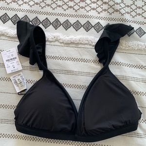 NWT J Crew Black Ruffle Shoulder V Neck Bikini Top, Size Small